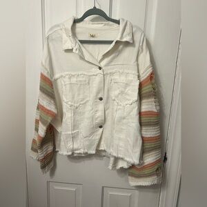 POL Crochet Sleeve White Boho Denim Relaxed Fit Lightweight Distressed Jacket